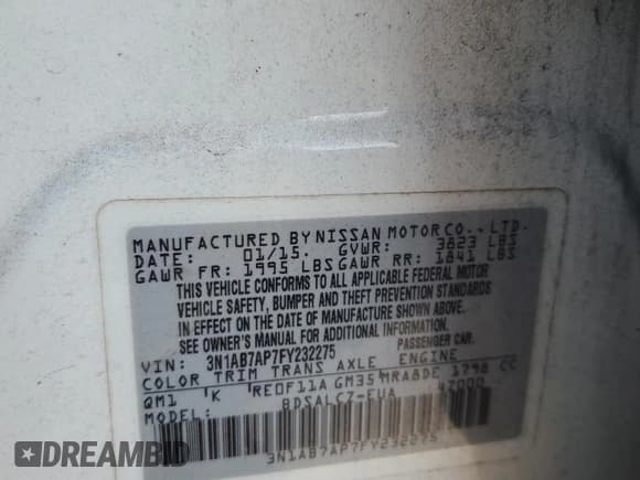 ✅ 2015 Nissan Sentra S • VIN: 3N1AB7AP7FY232275 • Lot: 93634605. Listed on Copart with Not provided. Free auction sales archive from the USA and detailed vehicle history report at DreamBid. Image 12.