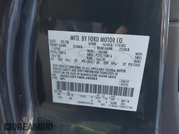 ✅ 2008 Mercury Mariner Premier • VIN: 4M2CU97148KJ40583 • Lot: 43889242. Listed on IAAI with 236,284 mi. Free auction sales archive from the USA and detailed vehicle history report at DreamBid. Image 9.