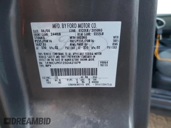 ✅ 2005 Ford Escape XLT • VIN: 1FMCU93125DA21079 • Lot: 91858515. Listed on Copart with 156,960 mi. Free auction sales archive from the USA and detailed vehicle history report at DreamBid. Image 13.