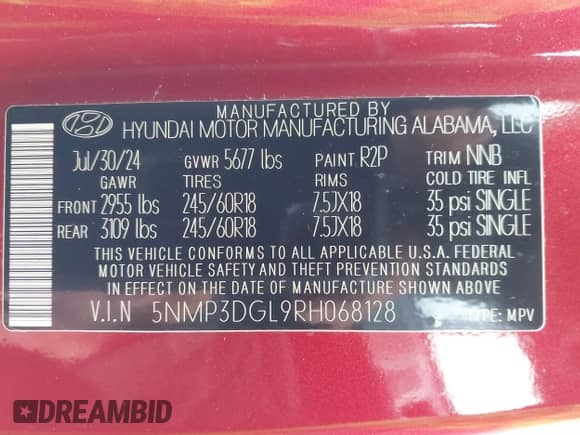 2024 Hyundai Santa Fe XRT с VIN 5NMP3DGL9RH068128, выставлен на аукционе IAAI как лот 41259726 с пробегом 15 279 миль миль и . История ставок и продаж доступна на DreamBid. Изображение 9.