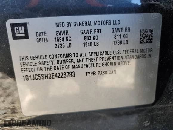 ✅ 2014 Chevrolet Sonic LT • VIN: 1G1JC5SH3E4223783 • Lot: 87204705. Listed on Copart with 69,602 mi. Free auction sales archive from the USA and detailed vehicle history report at DreamBid. Image 12.