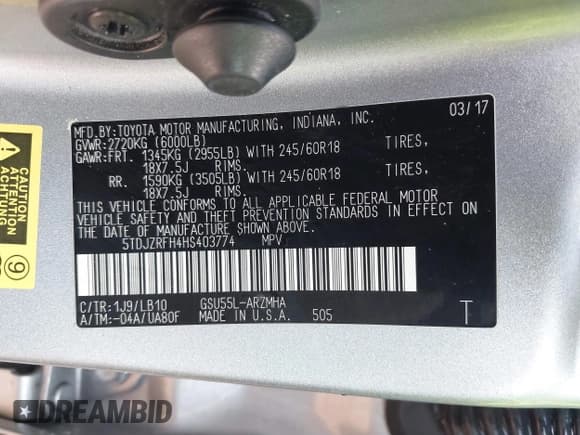 ✅ 2017 Toyota Highlander XLE • VIN: 5TDJZRFH4HS403774 • Lot: 43054652. Listed on IAAI with 97,859 mi. Free auction sales archive from the USA and detailed vehicle history report at DreamBid. Image 9.