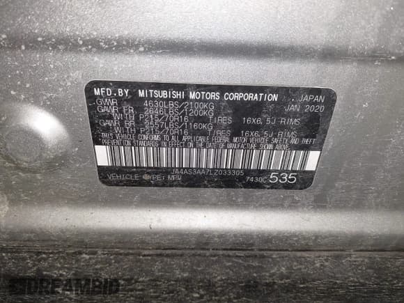 ✅ 2020 Mitsubishi Eclipse Cross ES • VIN: JA4AS3AA7LZ033305 • Lot: 41984649. Listed on IAAI with 94,568 mi. Free auction sales archive from the USA and detailed vehicle history report at DreamBid. Image 9.