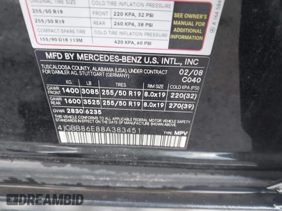 ✅ 2008 Mercedes-Benz M 350 • VIN: 4JGBB86E88A383451 • Lot: 43288042. Listed on IAAI with 220,544 mi. Free auction sales archive from the USA and detailed vehicle history report at DreamBid. Image 9.