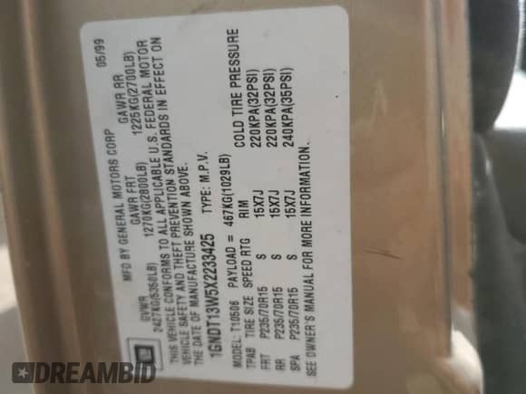 1999 Chevrolet Blazer LS z VIN 1GNDT13W5X2233425, wystawiony jako Copart lot #76566314 z przebiegiem 220 592 mil mil oraz Szkoda całkowita • Salvage title. Historia ofert i sprzedaży dostępna na DreamBid. Obrazek 13.