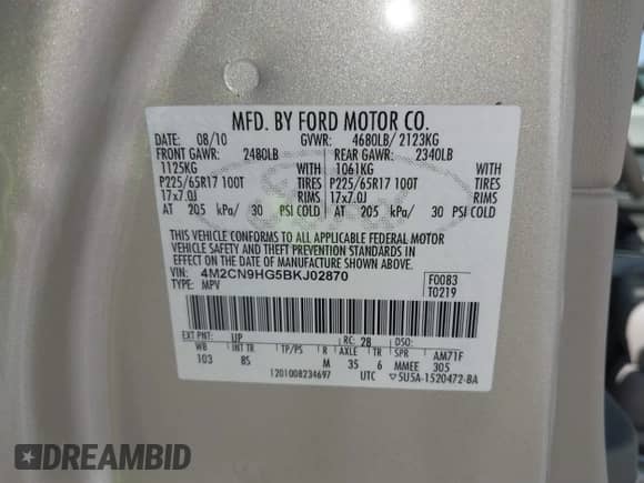 2011 Mercury Mariner Premier с VIN 4M2CN9HG5BKJ02870, выставлен на аукционе IAAI как лот 43342217 с пробегом 124 440 миль миль и . История ставок и продаж доступна на DreamBid. Изображение 9.