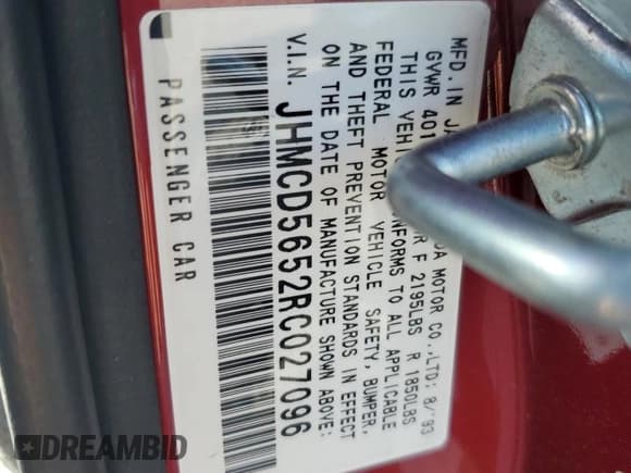 ✅ 1994 Honda Accord EX • VIN: JHMCD5652RC027096 • Lot: 91935395. Wystawiony na Copart z przebiegiem 149 279 mil. Bezpłatny archiwum sprzedaży aukcyjnych z USA i szczegółowy raport historii pojazdu na DreamBid. Zdjęcie 12.