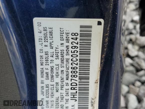 ✅ 2002 Honda CR-V EX • VIN: JHLRD78862C059248 • Лот: 68992205. Опубликован ранее на Copart с пробегом Не указан. Бесплатный доступ к архиву аукционных продаж из США и подробный отчёт об истории автомобиля на DreamBid. Изображение 13.