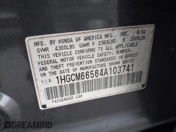 ✅ 2004 Honda Accord EX • VIN: 1HGCM66564A103741 • Lot: 43658235. Wystawiony na IAAI z przebiegiem 289 154 mil. Bezpłatny archiwum sprzedaży aukcyjnych z USA i szczegółowy raport historii pojazdu na DreamBid. Zdjęcie 9.