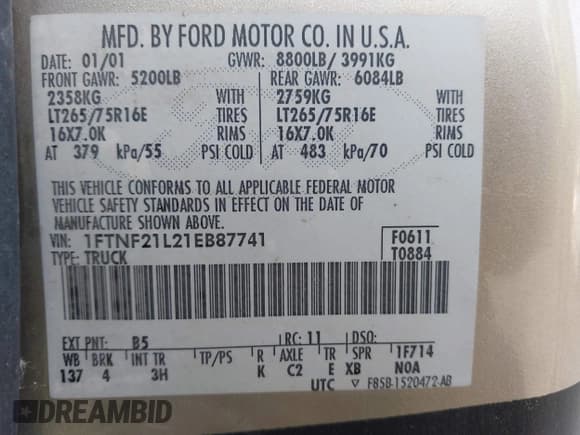 ✅ 2001 Ford F-250 XL • VIN: 1FTNF21L21EB87741 • Lot: 43591064. Wystawiony na IAAI z przebiegiem 54 724 mil. Bezpłatny archiwum sprzedaży aukcyjnych z USA i szczegółowy raport historii pojazdu na DreamBid. Zdjęcie 9.