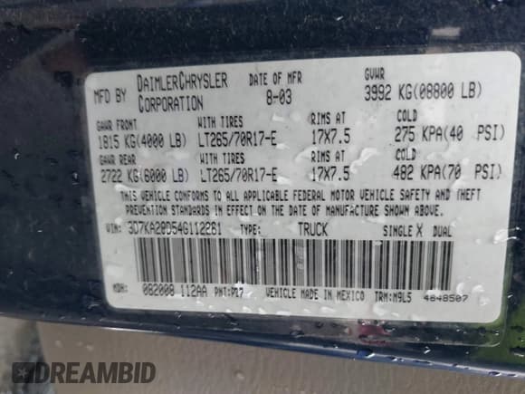 ✅ 2004 Dodge 2500 SLT • VIN: 3D7KA28D54G112261 • Лот: 41836032. Опубликован ранее на IAAI с пробегом 199 289 миль. Бесплатный доступ к архиву аукционных продаж из США и подробный отчёт об истории автомобиля на DreamBid. Изображение 9.