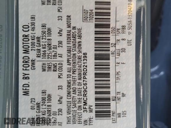 ✅ 2023 Ford Bronco Sport Outer Banks • VIN: 3FMCR9C67PRD21398 • Lot: 56700925. Listed on Copart with 45,474 mi. Free auction sales archive from the USA and detailed vehicle history report at DreamBid. Image 14.