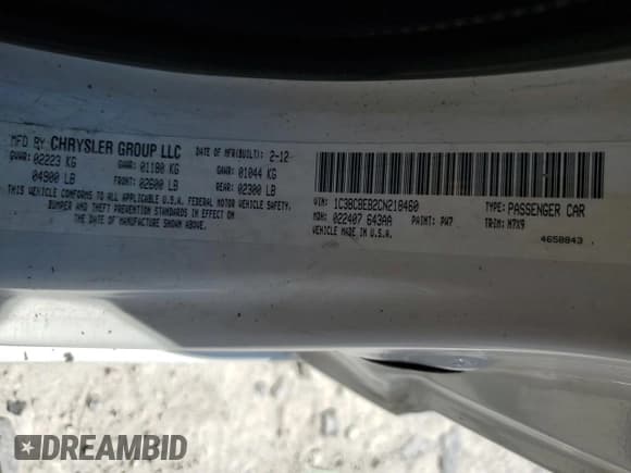 ✅ 2012 Chrysler 200 Touring • VIN: 1C3BCBEB2CN218460 • Лот: 61911385. Опубликован ранее на Copart с пробегом 211 855 миль. Бесплатный доступ к архиву аукционных продаж из США и подробный отчёт об истории автомобиля на DreamBid. Изображение 12.