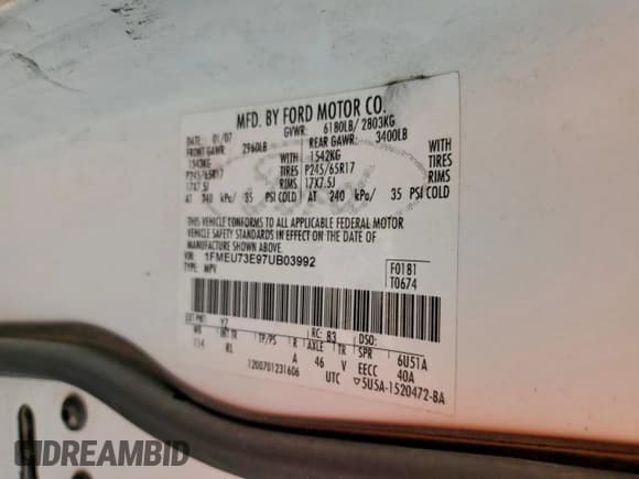 ✅ 2007 Ford Explorer XLT • VIN: 1FMEU73E97UB03992 • Lot: 95802465. Listed on Copart with 137,194 mi. Free auction sales archive from the USA and detailed vehicle history report at DreamBid. Image 12.