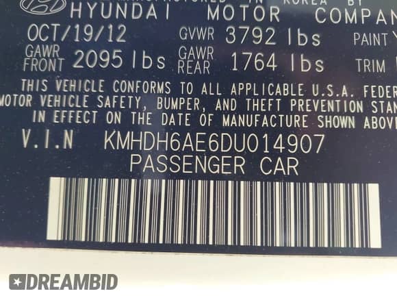 2013 Hyundai Elantra GS with VIN KMHDH6AE6DU014907, listed as a IAAI auction lot 42324748 with 188,499 mi miles and . Bid and sale history available at DreamBid. Image 9.