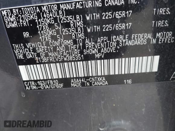 ✅ 2015 Toyota RAV4 LE • VIN: 2T3BFREV5FW385351 • Lot: 42018128. Listed on IAAI with 176,818 mi. Free auction sales archive from the USA and detailed vehicle history report at DreamBid. Image 9.