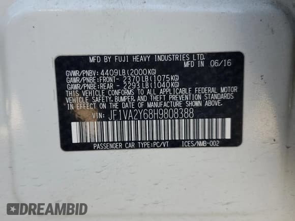 ✅ 2017 Subaru WRX STI Limited • VIN: JF1VA2Y68H9808388 • Lot: 54550165. Listed on Copart with 53,348 mi. Free auction sales archive from the USA and detailed vehicle history report at DreamBid. Image 13.