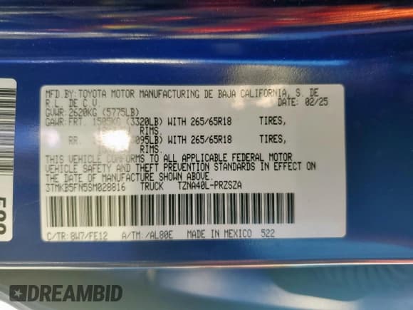 ✅ 2025 Toyota Tacoma SR5 • VIN: 3TMKB5FN5SM028816 • Lot: 81507295. Wystawiony na Copart z przebiegiem 5 140 mil. Bezpłatny archiwum sprzedaży aukcyjnych z USA i szczegółowy raport historii pojazdu na DreamBid. Zdjęcie 12.