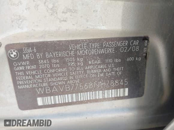 ✅ 2008 BMW 3 Series 335i • VIN: WBAVB77568NH78845 • Лот: 42060251. Опубликован ранее на IAAI с пробегом 221 455 миль. Бесплатный доступ к архиву аукционных продаж из США и подробный отчёт об истории автомобиля на DreamBid. Изображение 9.