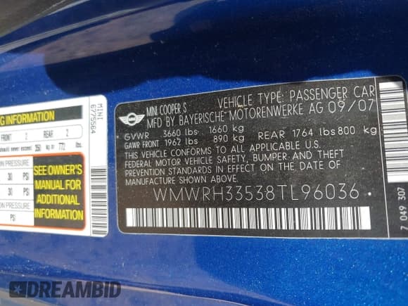 ✅ 2008 MINI Convertible S • VIN: WMWRH33538TL96036 • Lot: 42563056. Listed on IAAI with 103,375 mi. Free auction sales archive from the USA and detailed vehicle history report at DreamBid. Image 9.
