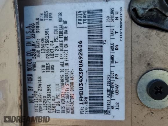 ✅ 1993 Ford Explorer Eddie Bauer • VIN: 1FMDU34X3PUA92606 • Лот: 57672895. Опубликован ранее на Copart с пробегом 72 606 миль. Бесплатный доступ к архиву аукционных продаж из США и подробный отчёт об истории автомобиля на DreamBid. Изображение 13.