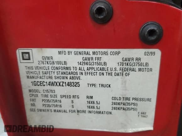 ✅ 1999 Chevrolet Silverado 1500 • VIN: 1GCEC14WXXZ148325 • Лот: 52343425. Опубликован ранее на Copart с пробегом 149 662 миль. Бесплатный доступ к архиву аукционных продаж из США и подробный отчёт об истории автомобиля на DreamBid. Изображение 12.