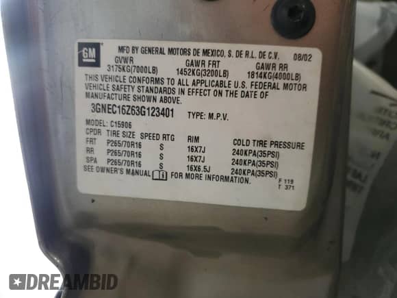 ✅ 2003 Chevrolet Suburban LS • VIN: 3GNEC16Z63G123401 • Lot: 87386435. Listed on Copart with Not provided. Free auction sales archive from the USA and detailed vehicle history report at DreamBid. Image 13.