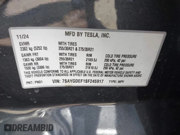 ✅ 2025 Tesla Model Y Performance • VIN: 7SAYGDEF1SF245917 • Lot: 43196307. Listed on IAAI with Not provided. Free auction sales archive from the USA and detailed vehicle history report at DreamBid. Image 9.