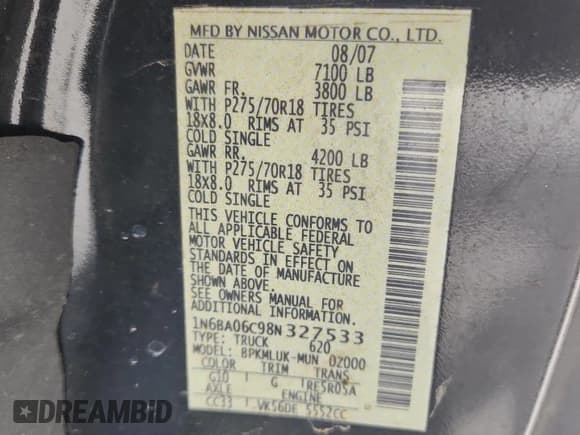 ✅ 2008 Nissan Titan XE • VIN: 1N6BA06C98N327533 • Lot: 70507605. Listed on Copart with 147,036 mi. Free auction sales archive from the USA and detailed vehicle history report at DreamBid. Image 12.