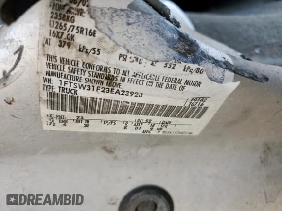 ✅ 2003 Ford F-350 XL • VIN: 1FTSW31F23EA23928 • Лот: 62366615. Опубликован ранее на Copart с пробегом Не указан. Бесплатный доступ к архиву аукционных продаж из США и подробный отчёт об истории автомобиля на DreamBid. Изображение 12.