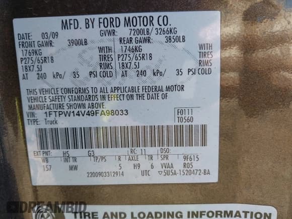 ✅ 2009 Ford F-150 XL • VIN: 1FTPW14V49FA98033 • Lot: 41822035. Listed on IAAI with 209,727 mi. Free auction sales archive from the USA and detailed vehicle history report at DreamBid. Image 9.