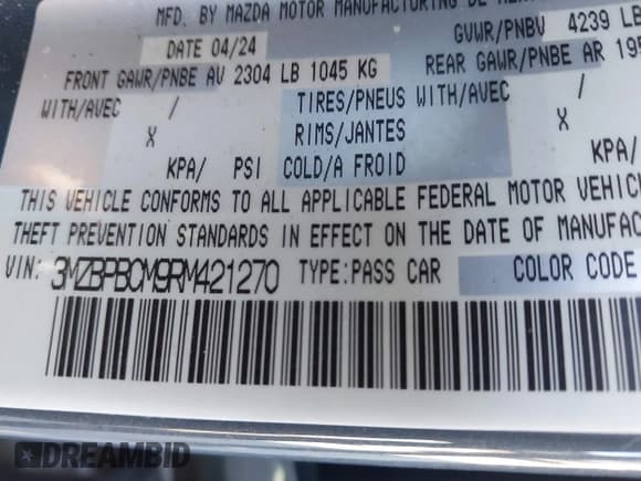 ✅ 2024 Mazda 3 S Carbon Edition • VIN: 3MZBPBCM9RM421270 • Lot: 43604481. Listed on IAAI with 23,354 mi. Free auction sales archive from the USA and detailed vehicle history report at DreamBid. Image 9.