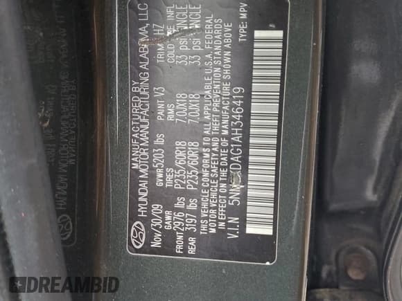 ✅ 2010 Hyundai Santa Fe Limited • VIN: 5NMSKDAG1AH346419 • Lot: 84898474. Listed on Copart with 208,209 mi. Free auction sales archive from the USA and detailed vehicle history report at DreamBid. Image 13.