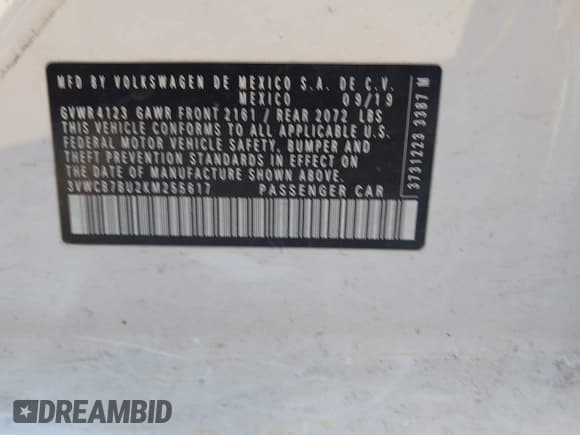 ✅ 2019 Volkswagen Jetta S • VIN: 3VWCB7BU2KM255617 • Лот: 43257278. Опубликован ранее на IAAI с пробегом Не указан. Бесплатный доступ к архиву аукционных продаж из США и подробный отчёт об истории автомобиля на DreamBid. Изображение 9.