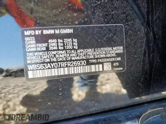 ✅ 2024 BMW M3 CS • VIN: WBS63AY07RFR26930 • Lot: 90723115. Listed on Copart with 5,924 mi. Free auction sales archive from the USA and detailed vehicle history report at DreamBid. Image 13.