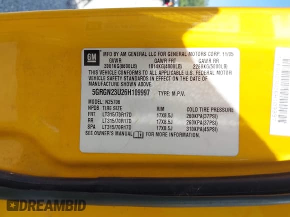 ✅ 2006 Hummer H2 • VIN: 5GRGN23U26H109997 • Лот: 42921198. Опубликован ранее на IAAI с пробегом 121 308 миль. Бесплатный доступ к архиву аукционных продаж из США и подробный отчёт об истории автомобиля на DreamBid. Изображение 9.