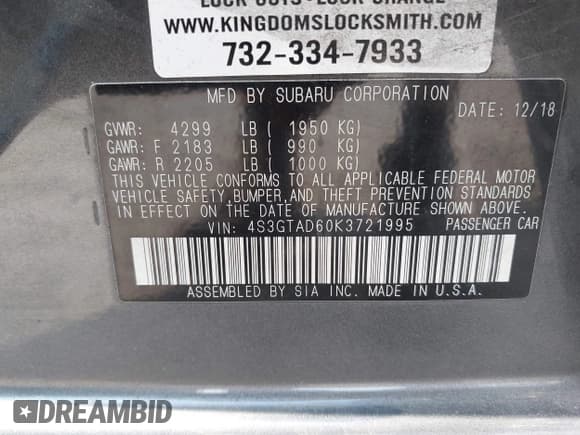 ✅ 2019 Subaru Impreza Premium • VIN: 4S3GTAD60K3721995 • Лот: 42501837. Опубликован ранее на IAAI с пробегом 61 030 миль. Бесплатный доступ к архиву аукционных продаж из США и подробный отчёт об истории автомобиля на DreamBid. Изображение 9.