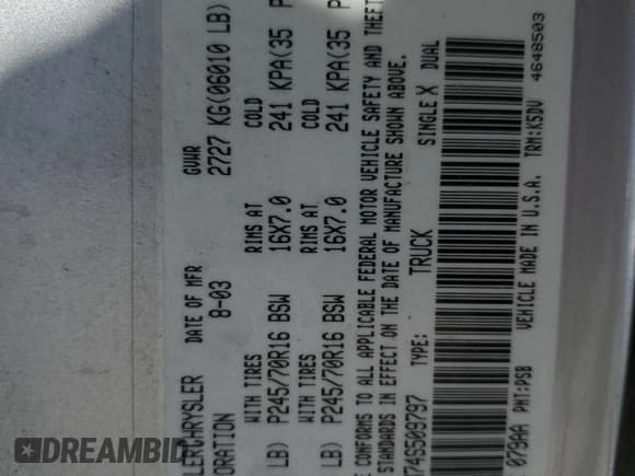 ✅ 2004 Dodge Dakota SLT • VIN: 1D7HG48N74S509797 • Lot: 57797055. Wystawiony na Copart z przebiegiem 214 275 mil. Bezpłatny archiwum sprzedaży aukcyjnych z USA i szczegółowy raport historii pojazdu na DreamBid. Zdjęcie 12.