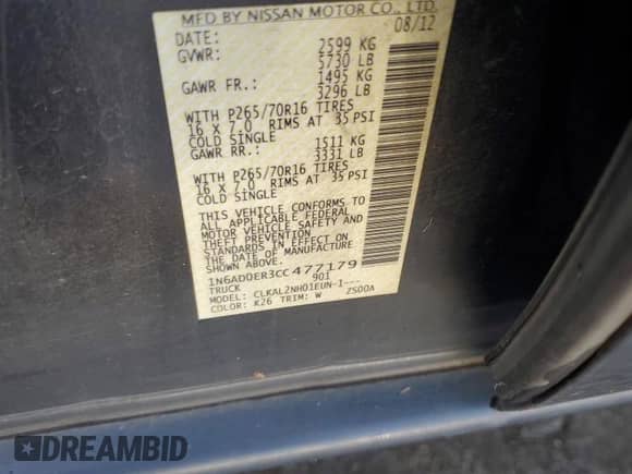 2012 Nissan Frontier SV with VIN 1N6AD0ER3CC477179, listed as a Copart auction lot 81407595 with 148,787 mi miles and Salvage title. Bid and sale history available at DreamBid. Image 12.