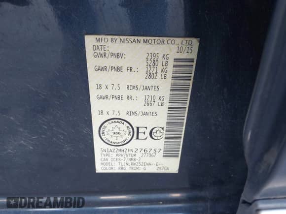 2015 Nissan Murano Platinum with VIN 5N1AZ2MH2FN276757, listed as a IAAI auction lot 43289590 with 141,918 mi miles and . Bid and sale history available at DreamBid. Image 9.