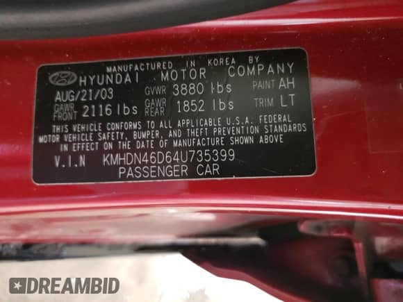 2004 Hyundai Elantra GLS z VIN KMHDN46D64U735399, wystawiony jako Copart lot #77533454 z przebiegiem Nie podano mil oraz Szkoda całkowita • Salvage title. Historia ofert i sprzedaży dostępna na DreamBid. Obrazek 12.