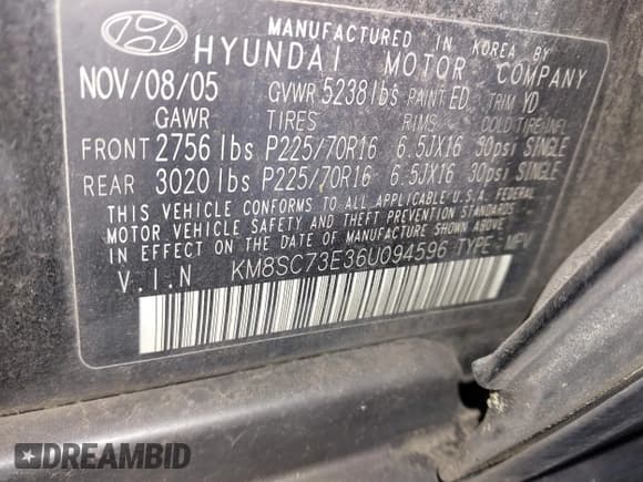 ✅ 2006 Hyundai Santa Fe GLS • VIN: KM8SC73E36U094596 • Лот: 43670383. Опубликован ранее на IAAI с пробегом 92 308 миль. Бесплатный доступ к архиву аукционных продаж из США и подробный отчёт об истории автомобиля на DreamBid. Изображение 9.