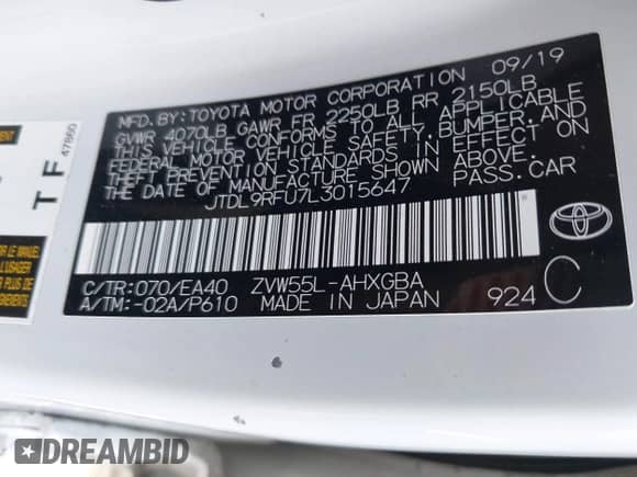 2020 Toyota Prius LE with VIN JTDL9RFU7L3015647, listed as a IAAI auction lot 43500977 with 55,174 mi miles and . Bid and sale history available at DreamBid. Image 9.