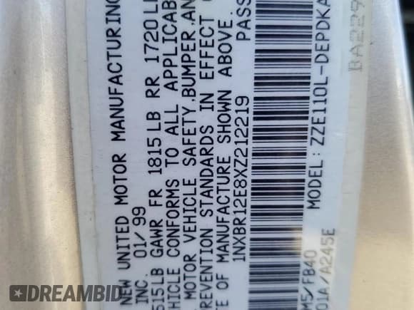 ✅ 1999 Toyota Corolla VE • VIN: 1NXBR12E8XZ212219 • Lot: 84387155. Wystawiony na Copart z przebiegiem 133 596 mil. Bezpłatny archiwum sprzedaży aukcyjnych z USA i szczegółowy raport historii pojazdu na DreamBid. Zdjęcie 12.