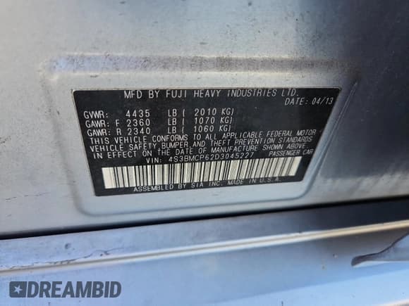 ✅ 2013 Subaru Legacy Limited • VIN: 4S3BMCP62D3045227 • Lot: 92796025. Listed on Copart with 141,622 mi. Free auction sales archive from the USA and detailed vehicle history report at DreamBid. Image 12.