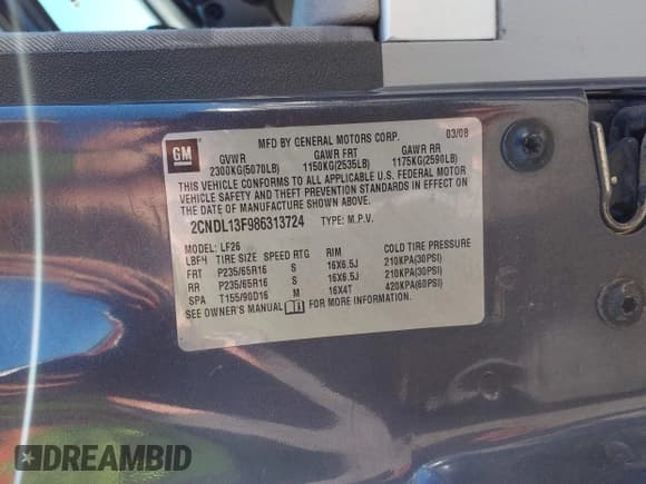 ✅ 2008 Chevrolet Equinox LS • VIN: 2CNDL13F986313724 • Лот: 42565926. Опубликован ранее на IAAI с пробегом 202 534 миль. Бесплатный доступ к архиву аукционных продаж из США и подробный отчёт об истории автомобиля на DreamBid. Изображение 9.