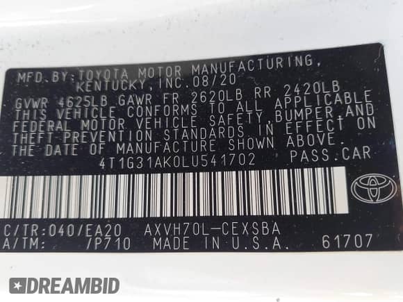 2020 Toyota Camry Hybrid SE z VIN 4T1G31AK0LU541702, wystawiony jako IAAI lot #42918554 z przebiegiem 118 679 mil mil oraz . Historia ofert i sprzedaży dostępna na DreamBid. Obrazek 9.