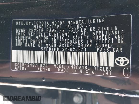 ✅ 2023 Toyota Corolla LE • VIN: 5YFB4MDE9PP022671 • Лот: 43181468. Опубликован ранее на IAAI с пробегом 31 967 миль. Бесплатный доступ к архиву аукционных продаж из США и подробный отчёт об истории автомобиля на DreamBid. Изображение 9.