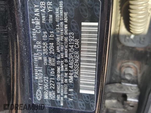 ✅ 2023 Hyundai Elantra SE • VIN: KMHLL4AG3PU541923 • Lot: 69148305. Listed on Copart with 111,380 mi. Free auction sales archive from the USA and detailed vehicle history report at DreamBid. Image 12.