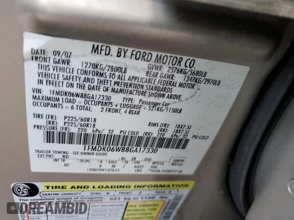 ✅ 2008 Ford Taurus X Limited • VIN: 1FMDK06W88GA17330 • Lot: 58788945. Listed on Copart with 146,023 mi. Free auction sales archive from the USA and detailed vehicle history report at DreamBid. Image 13.